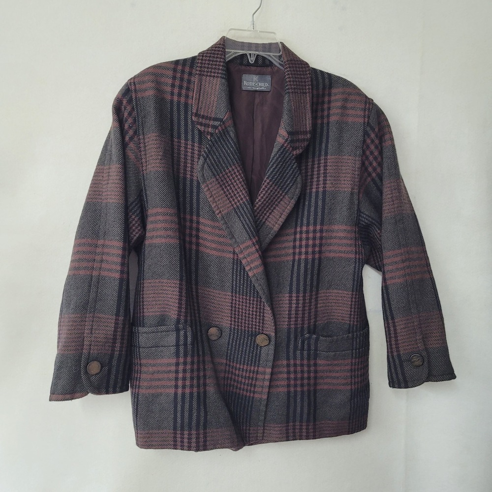 Rothschild Wool Plaid Blazer Size 10 Made in Switzerland Double Breasted‎ Grey